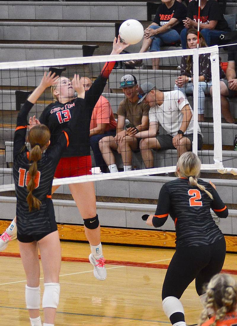 Creston's Jaycee Hanson tips the ball to an open space against Red Oak's Jocelyn O'Neal (10) and Olivia Bozwell (2). Hanson had four kills for the Panthers.