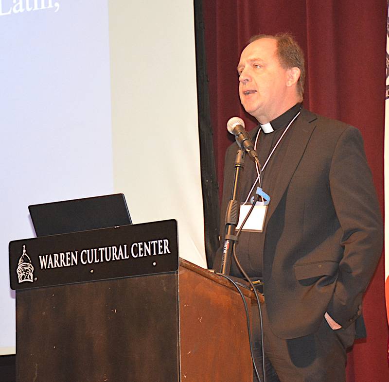 Rev. Mark Surburg of Marion, Illinois, speaks to pastors at a Lutheran Church-Missouri Synod district conference held at the Warren Cultural Center and Immanuel Lutheran Church in Greenfield May 6-7.