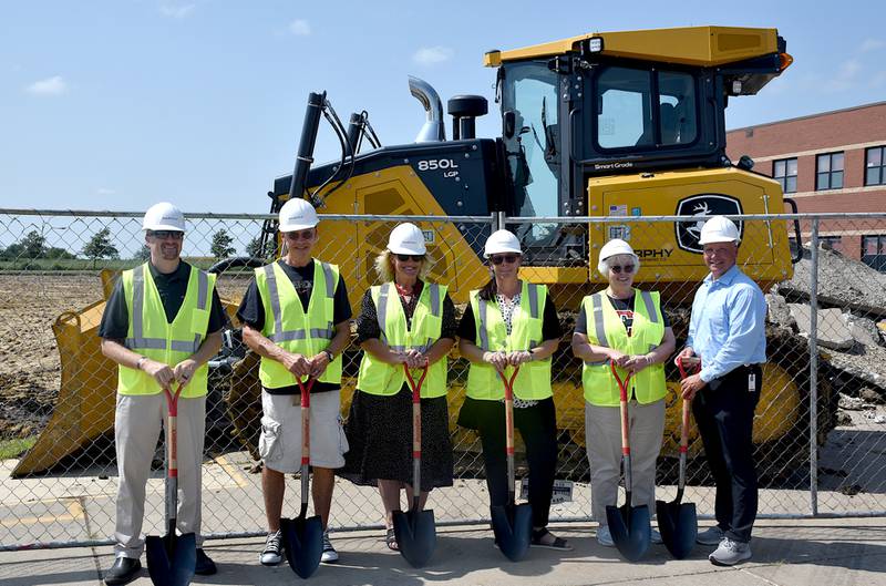 Officials at the groundbreaking ceremony Wednesday for Creston's Early Childhood Center are from left, Eric Beron, DLR architects; Galen Zumbach, Creston school board; Callie Anderson, Creston elementary principal, Jessica Spencer, kindergarten teacher; Sharon Snodgrass, Creston school board member and Deron Stender, Creston Community Schools Superintendent.