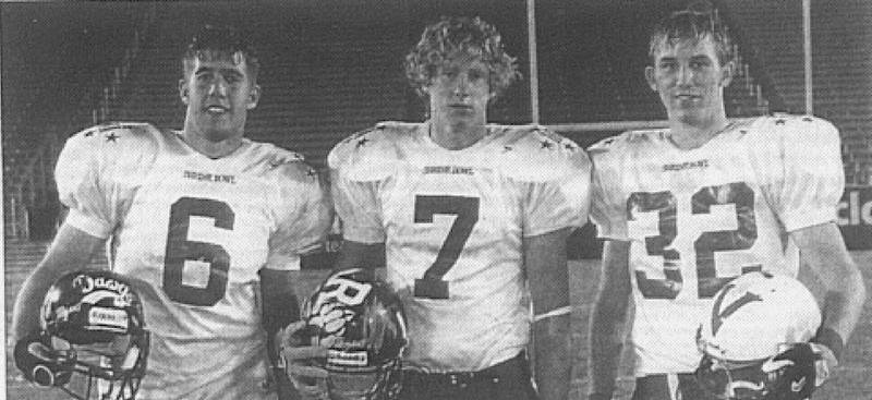 Area members of the South Squad in the 32nd annual Iowa Shrine Bowl Saturday at Iowa State University's Jack Trice Stadium are, from left, Matthew Mitchell of Nodaway Valley, Jeff Ritchie of Bedford and Michael Buck of Creston/O-M.