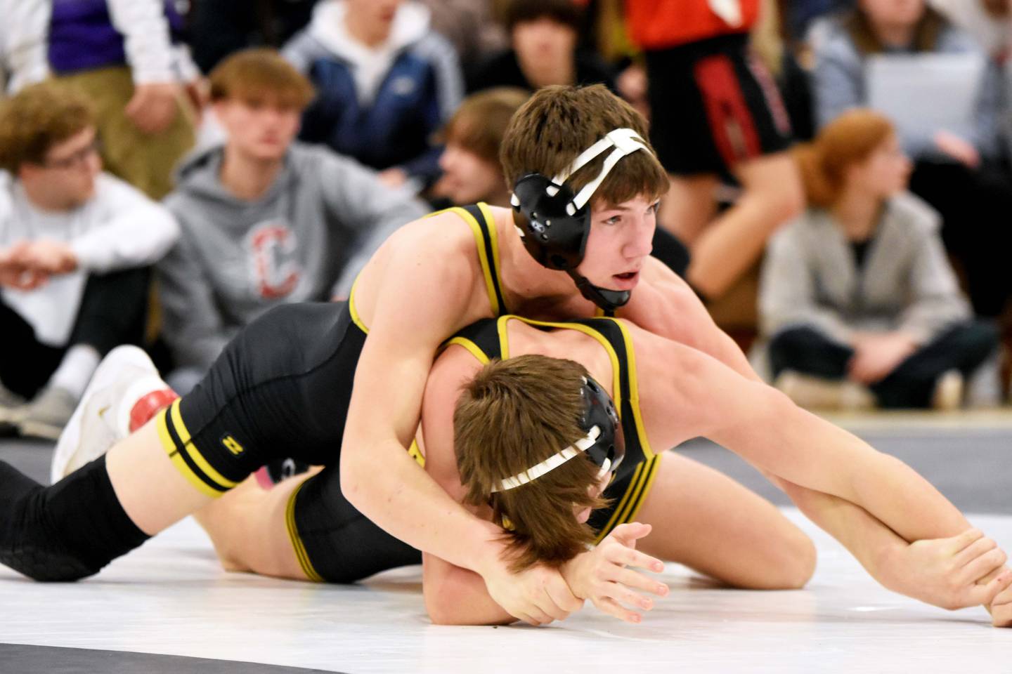 Dylan Stein of Lenox holds Brant Freeberg of Tri-Center Neola to the mat in the 138 lbs championship match. Stein won the bout in a 13-1 major decision to continue his undefeated season.