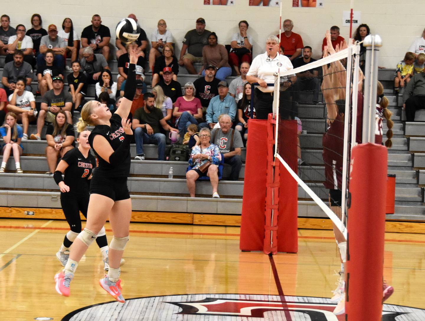 Creston outside hitter Jacyee Hanson goes up for a ball. She had eight kills against the Fillies.