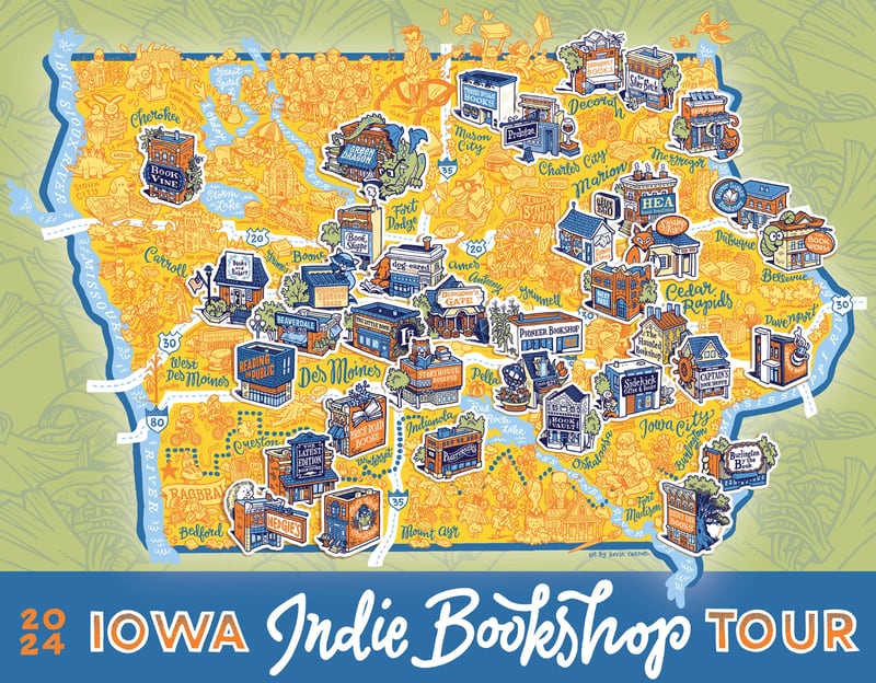 A map of 36 independent bookstores participating in the inaugural Iowa Indie Bookshop Tour beginning today.