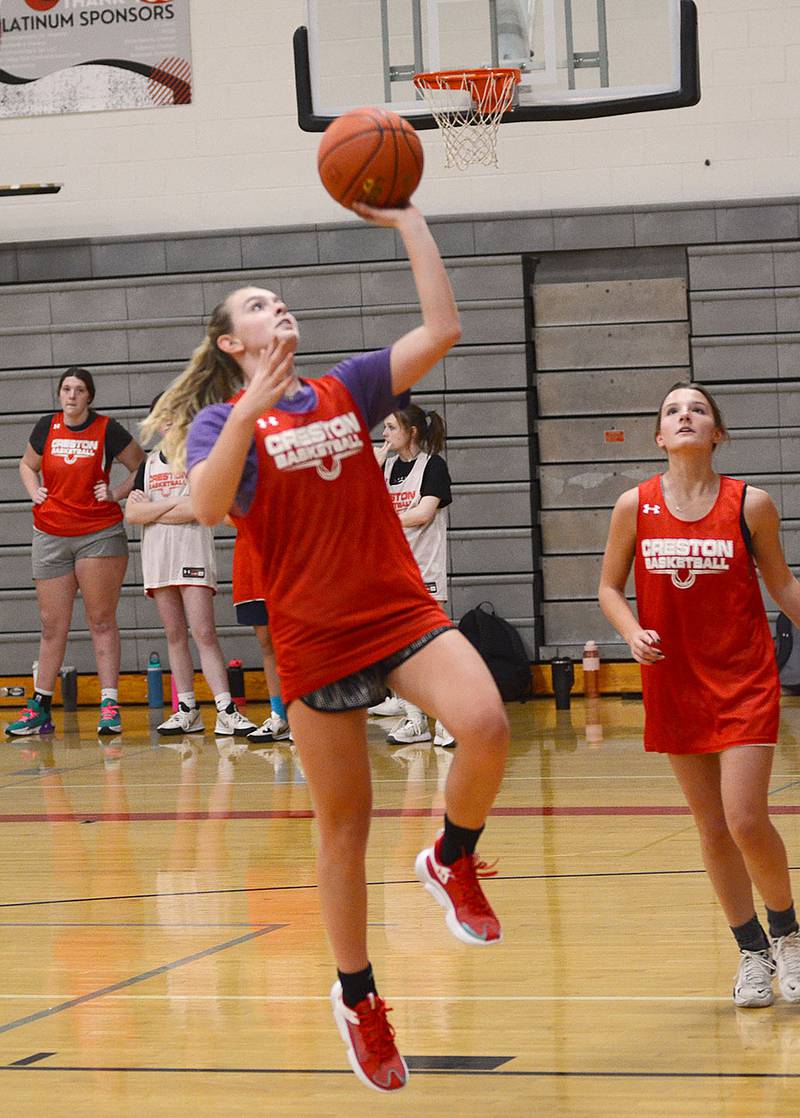 Creston sophomore Ella Turner completes a layup drill during a recent practice session. Turner is the leading returning scorer and rebounder from last season.