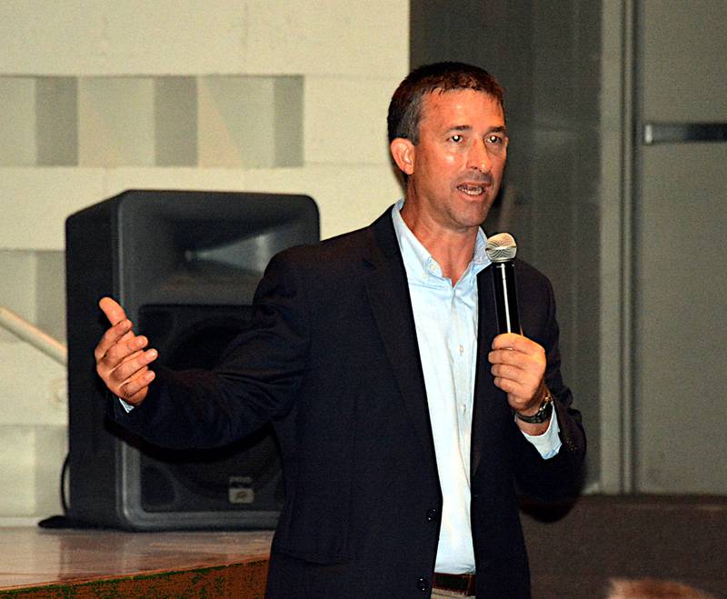 Parkersburg City Administrator Chris Luhring speaks to Nodaway Valley Community Schools' staff Monday, Aug. 19, the first day staff reported for the new school year.