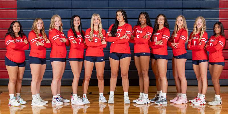 Members of the 2024 Southwestern Community College volleyball team are from left, Crystle Cordero, Cadence Perkins, Danica Chamberlain, Carly Roberts, Sophie Lyle, Whitney Hollins, Skyelar Lawal, Beatriz Goncalves, Audrey Boban, Emily Strait and Ruby Hernandez.