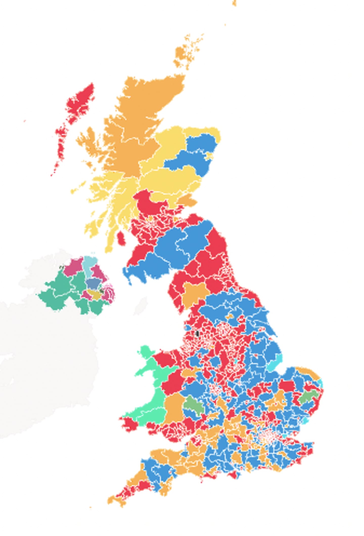 This map of the U.K. shows the way different areas voted. Each color represents a different political party.