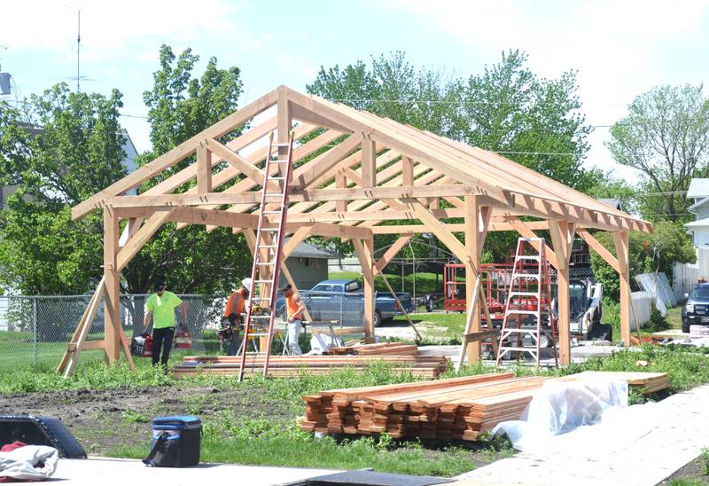 Gibson Memorial Library's pavilion is under construction, with a hopeful end date in the next week.