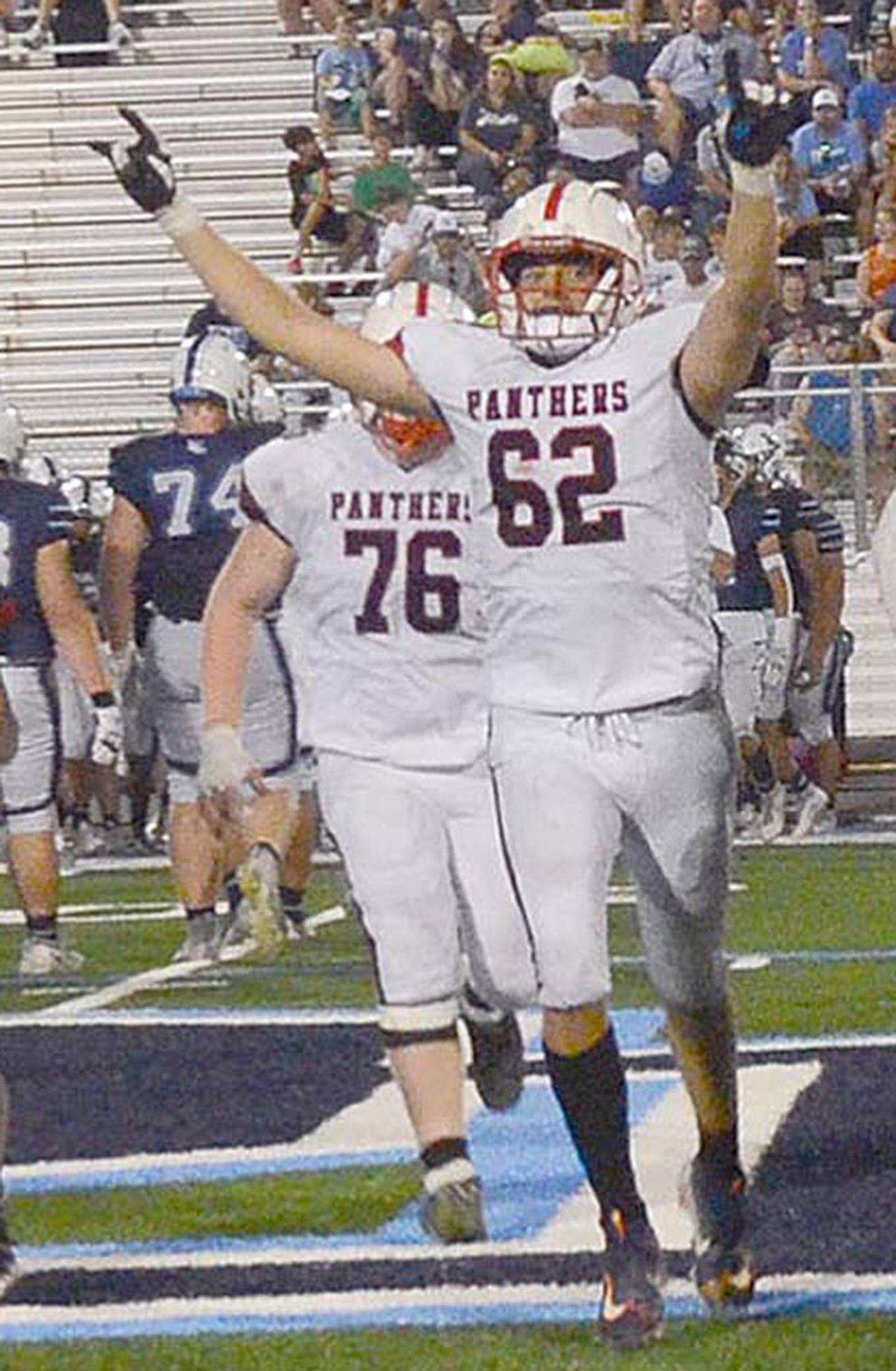 Creston offensive tackle Brayden Schoon (62) celebrates after last year's 22-20 victory over Class 4A state champion Lewis Central Schoon and Gunner Martwick (76) are returning starters in the offensive line for the Panthers.