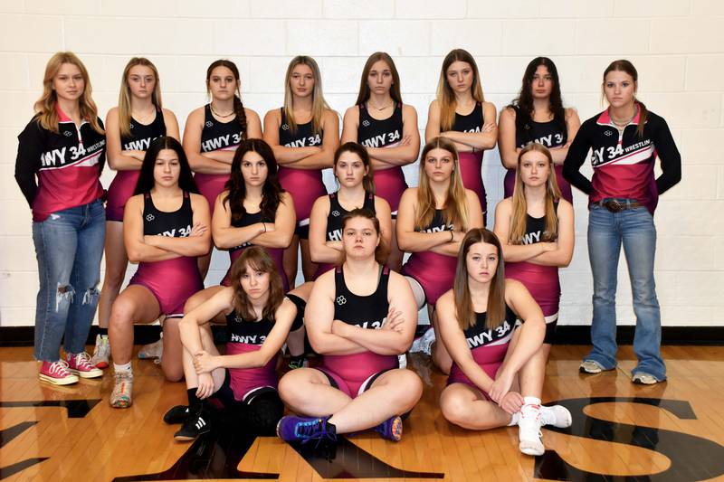 The 2023/2024 Highway 34 wrestling team comprised of girls from East Union, Lenox and Creston. 
Back row, from left: Sophie Hagle, Quynn Foster, Cheyenne Dike, Alainah Galanakis, Zoey Vandevender, Sydney Hoffman, Ale Villanueva and Hannah Woods. Middle row: Mila Kuhns, Grace Keeler, Tesi Hudson, Evy Marlin and Khloe Parker. Front row: seniors Hope Woods, Savannah Sistad and Brylea Woollums.