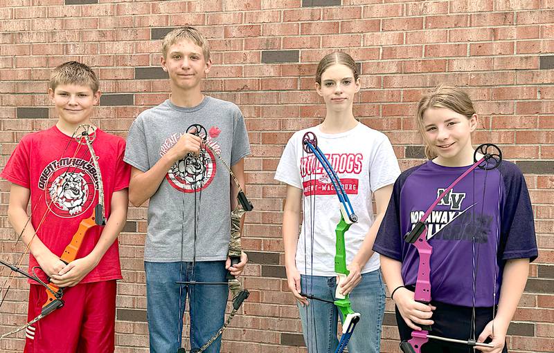 From left, Brysen Shinn, Eli Campbell and Myka Hanscom of Orient-Macksburg and Any Scovel of Nodaway Valley have qualified for this weekend's championship round in archery. The event is in Daytona Beach, Florida.