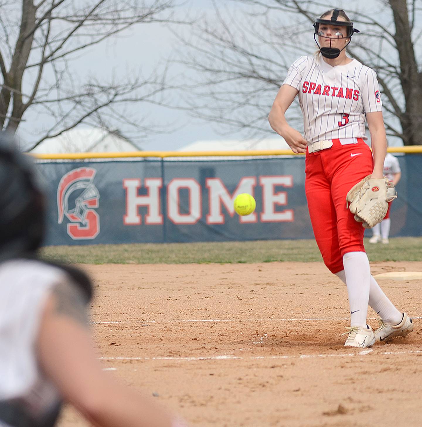 Cora Ostrem pitches to SWCC catcher Kaitlyn Mitchell during the first game of Friday's doubleheader against Marshalltown. Ostrem had four strikeouts and allowed only one run in five relief innings.