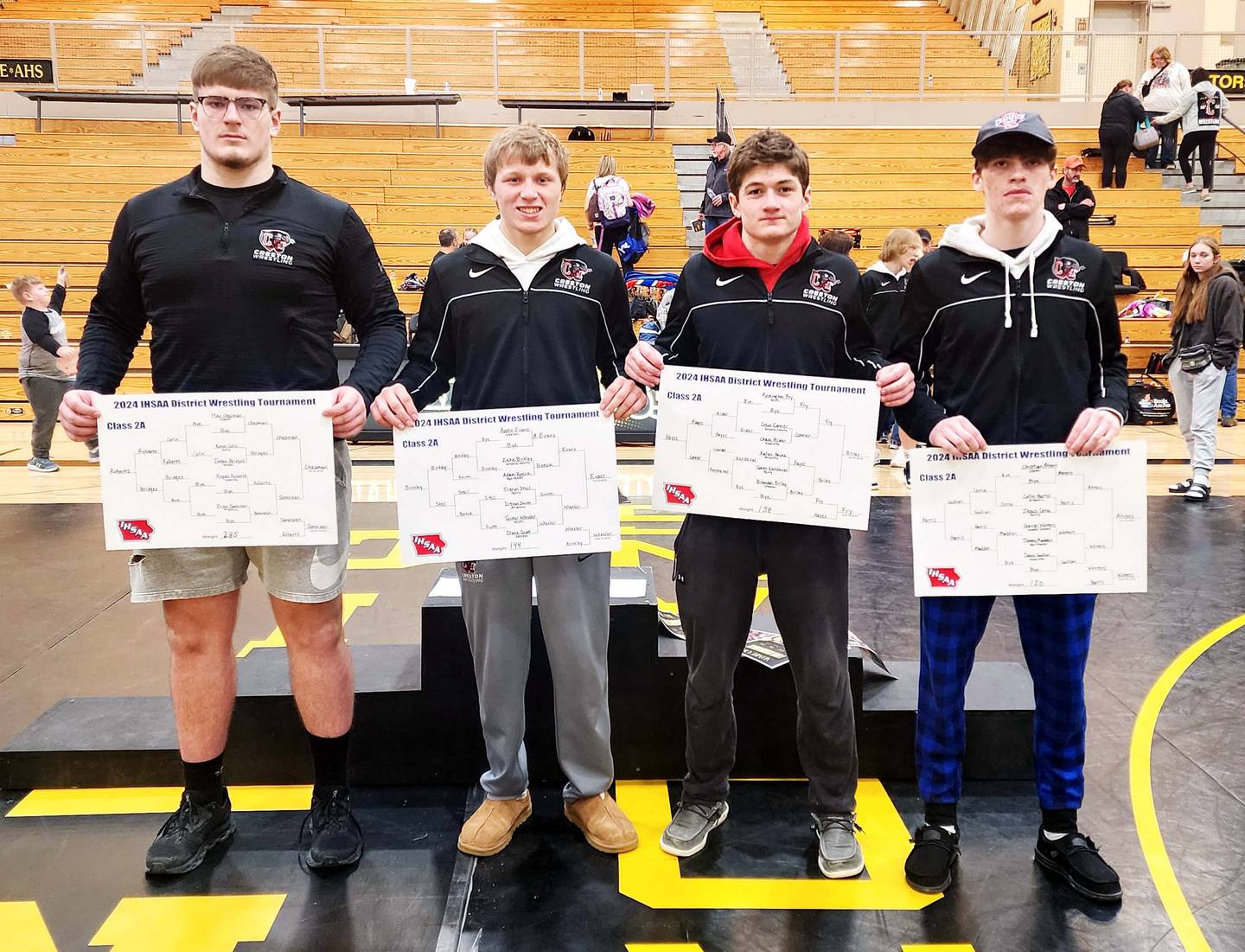 Four Panther wrestlers took first in their weight class at Districts Saturday in Atlantic to advance to state. From left, Max Chapman (285), Austin Evans (144), Brandon Briley (138) and Christian Ahrens (120).