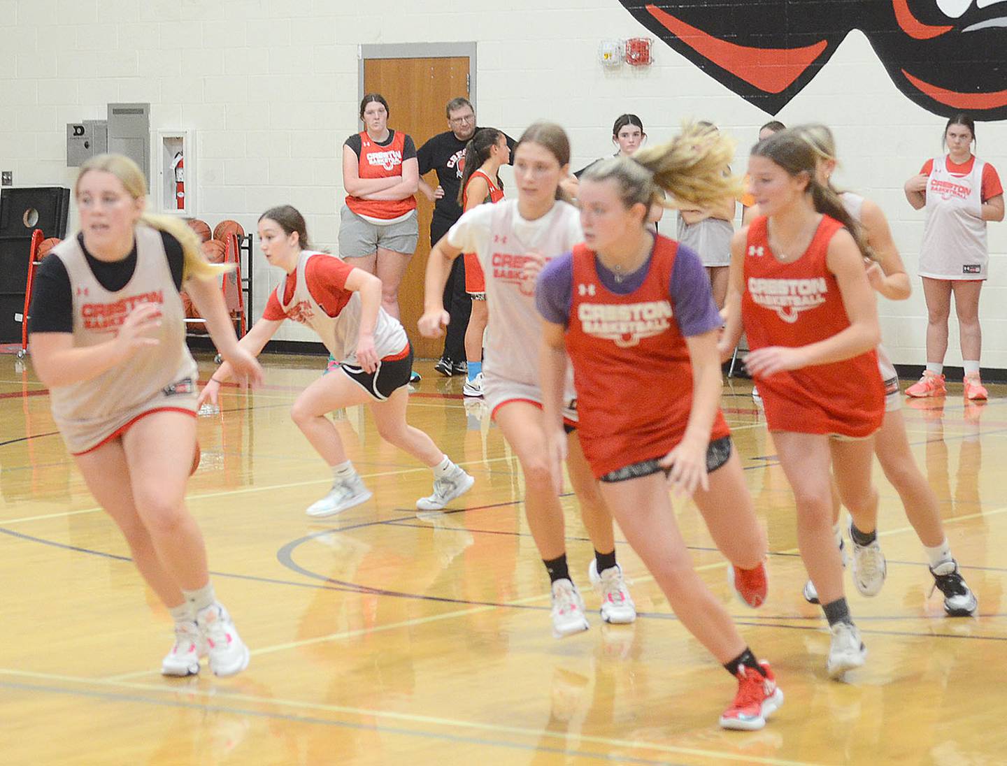 Junior guard Alyssa Gerdes advances the ball during a transition drill in a recent Creston practice. The Panthers are emphasizing a fast-break style this season.