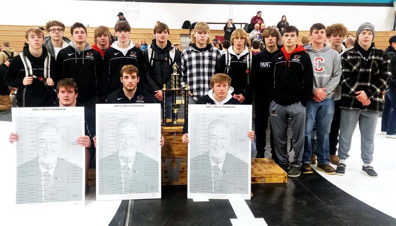 The Panthers win their fourth consecutive John J. Harris title and the 16th for the school, more than any other team in tournament history. Standing, from left: Kylen Parsons, Brodrick Phelps, Brandon Briley, Kal Barber, Christian Ahrens, Carson Rieck, Gunner Martwick, Lincoln Keeler, Joshua Bunz, Lane Travis, Jagger Luther, Jackson Pettegrew and Milo Staver. Sititng are individual champions Max Chapman, Will Bolinger and Austin Evans.