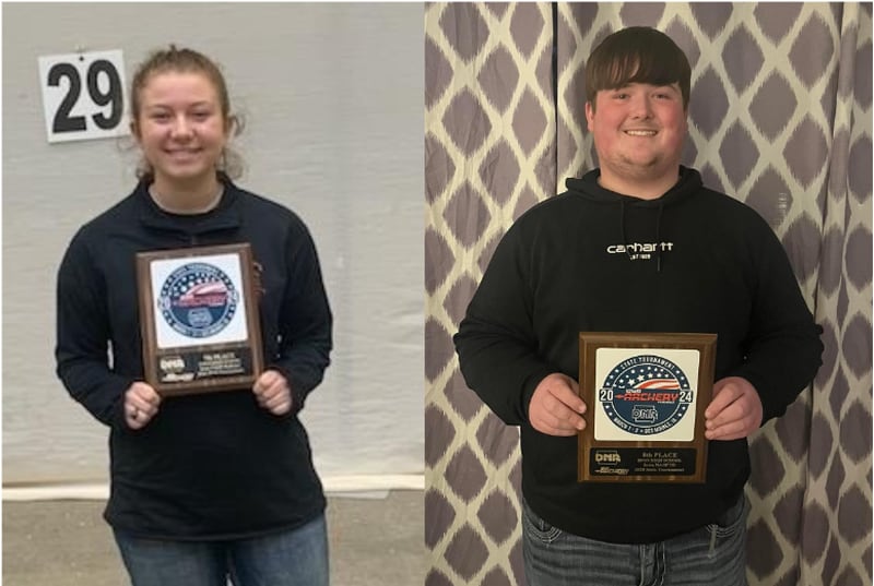 Creston seniors Abby Collins and Thayer Rooney display their Archery State Tournament awards from March 1-3. The two will be competing in May in Louisville, Kentucky for the national competition.