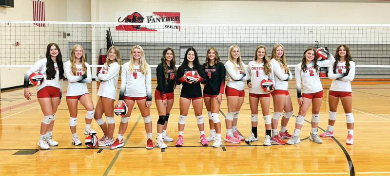 The Creston 2024 volleyball varsity starting lineup. From left, Hope Henderson, Avery Staver, Sidney Staver, Ella Turner, Kylie Metheny, Mila Kuhns, Ady Morrison, Jaycee Hanson, Kadley Bailey, Brynn Tussey, Hollynn Rieck and Braylee Pokorny.