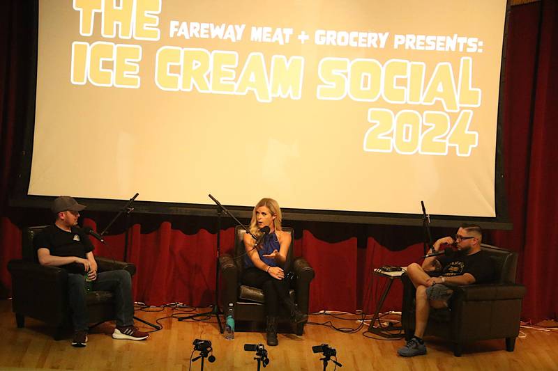 Wendi Lane talks with Trebor Holder (left) and Austin Buckner (right) during a recording of the Ice Cream Social Podcast at the Warren Cultural Center. All three are natives of Greenfield.