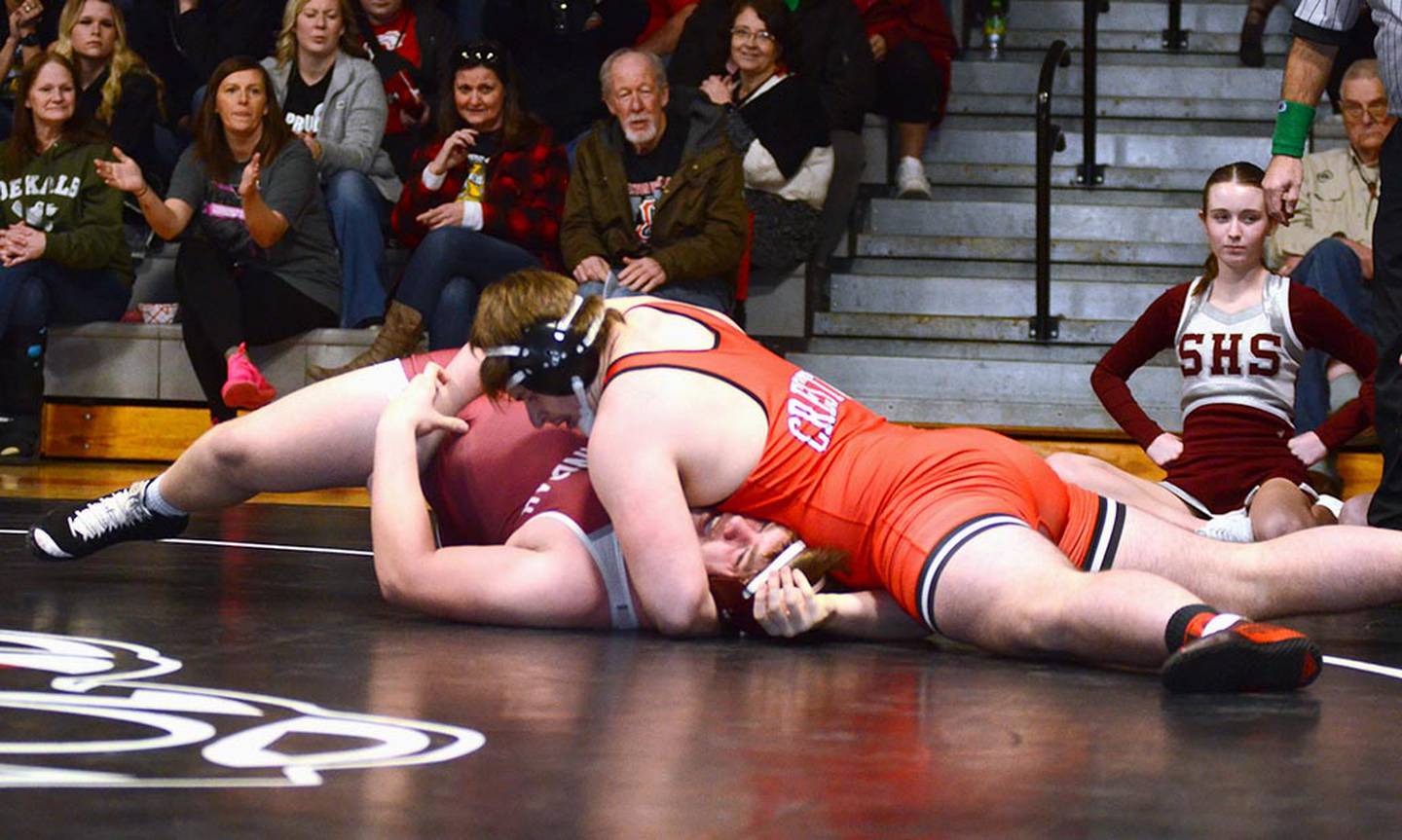 Creston's Max Chapman finishes a pin in 32 seconds against Shenandoah's Steven Perkins in their 285-pound match Thursday. Chapman also had an 11-second pin against Denison-Schleswig.