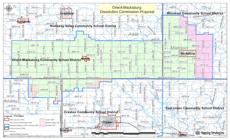 The Orient-Macksburg dissolution committee approved a map Tuesday how the school district will be distributed to neighboring districts. Territory north of the Adair-Union county line and northwest Union and northeast Adams counties is for the Nodaway Valley school district. The O-M board will take action on the proposed map.