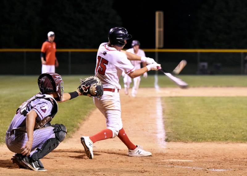 McCoy Haines connects in the bottom of the seventh Thursday against Shenandoah with runners on second and third base to bring in the winning run in a 9-8 conference win over the Mustangs.