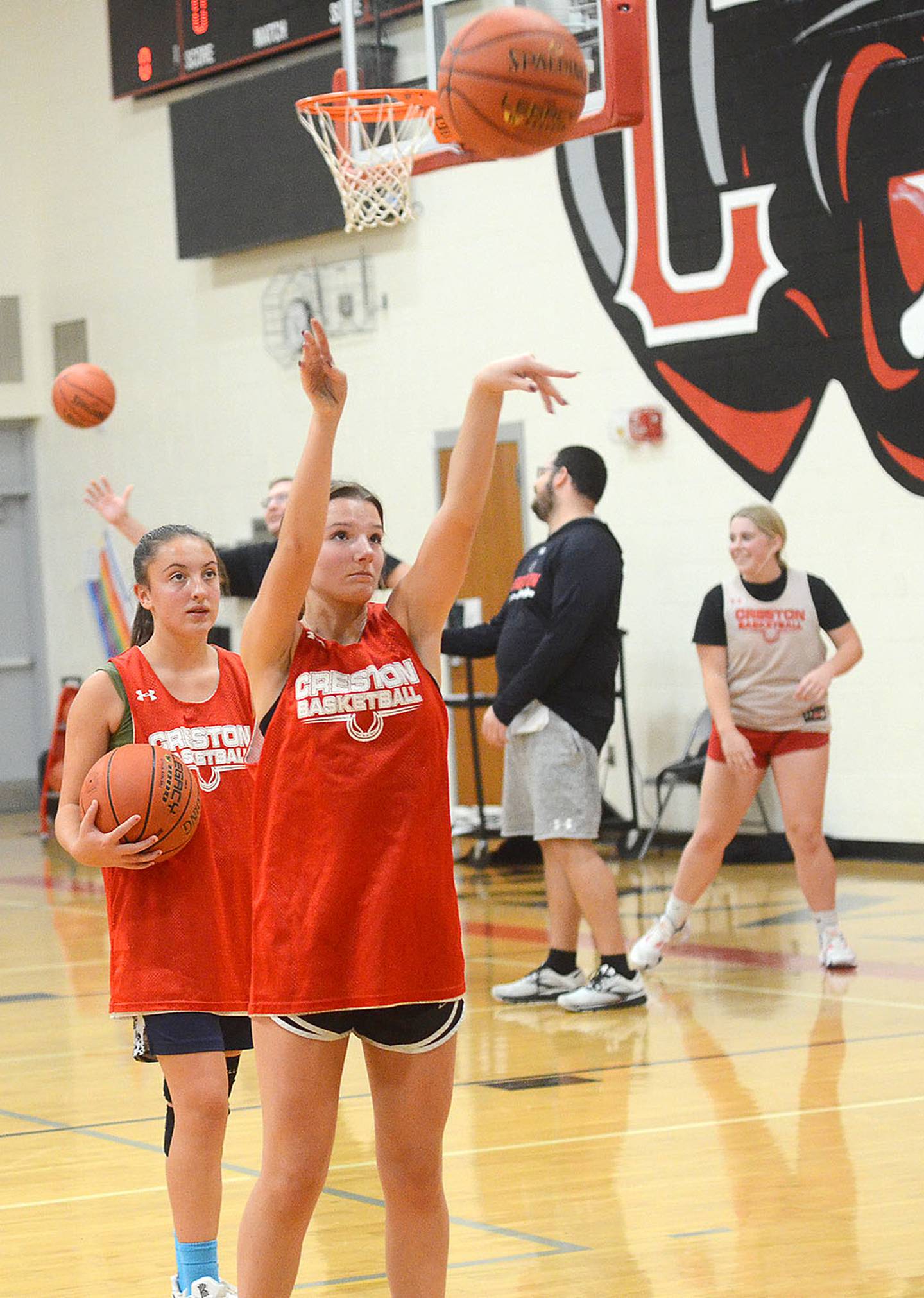 Creston senior Lydia Goins shoots during a free throw drill at a recent Creston practice. Goins is the lone senior on this year's team.