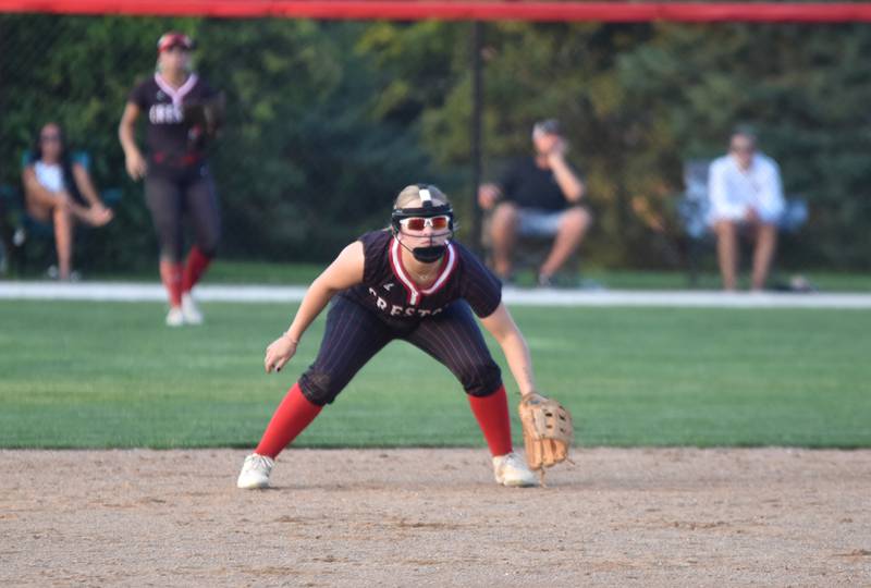 Creston's lone senior, Sophie Hagle, stands ready at second base Thursday in a 10-0 regional loss to Indianola.