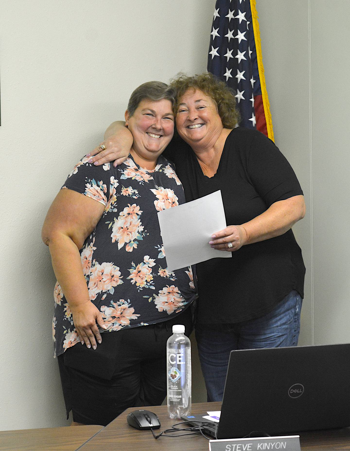 Crystal Thomas, left, was sworn into office for the City of Afton as their utility clerk. Mayor Michelle Burger, right, swore her in.