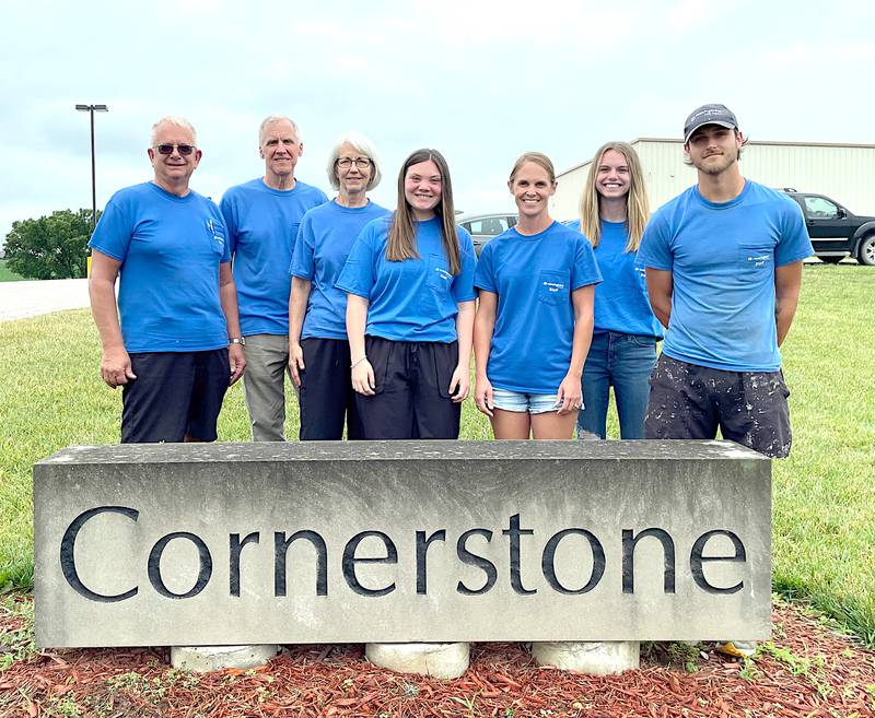 Reach Global Crisis Response team members for the summer in Greenfield were from left, Ralph Erickson, Steve and Joyce Neubauer, Tia Bower, Tiffany Arnold, Alena Rectenbaugh and Caleb Lewis.