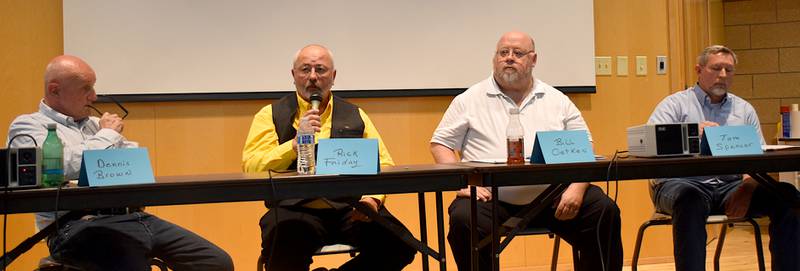 Union County Board of Supervisor candidates Dennis Brown, Rick Friday, Bill Oetekn and Tom Spencer address the audience Thursday during a forum held at Southwestern Community College.
