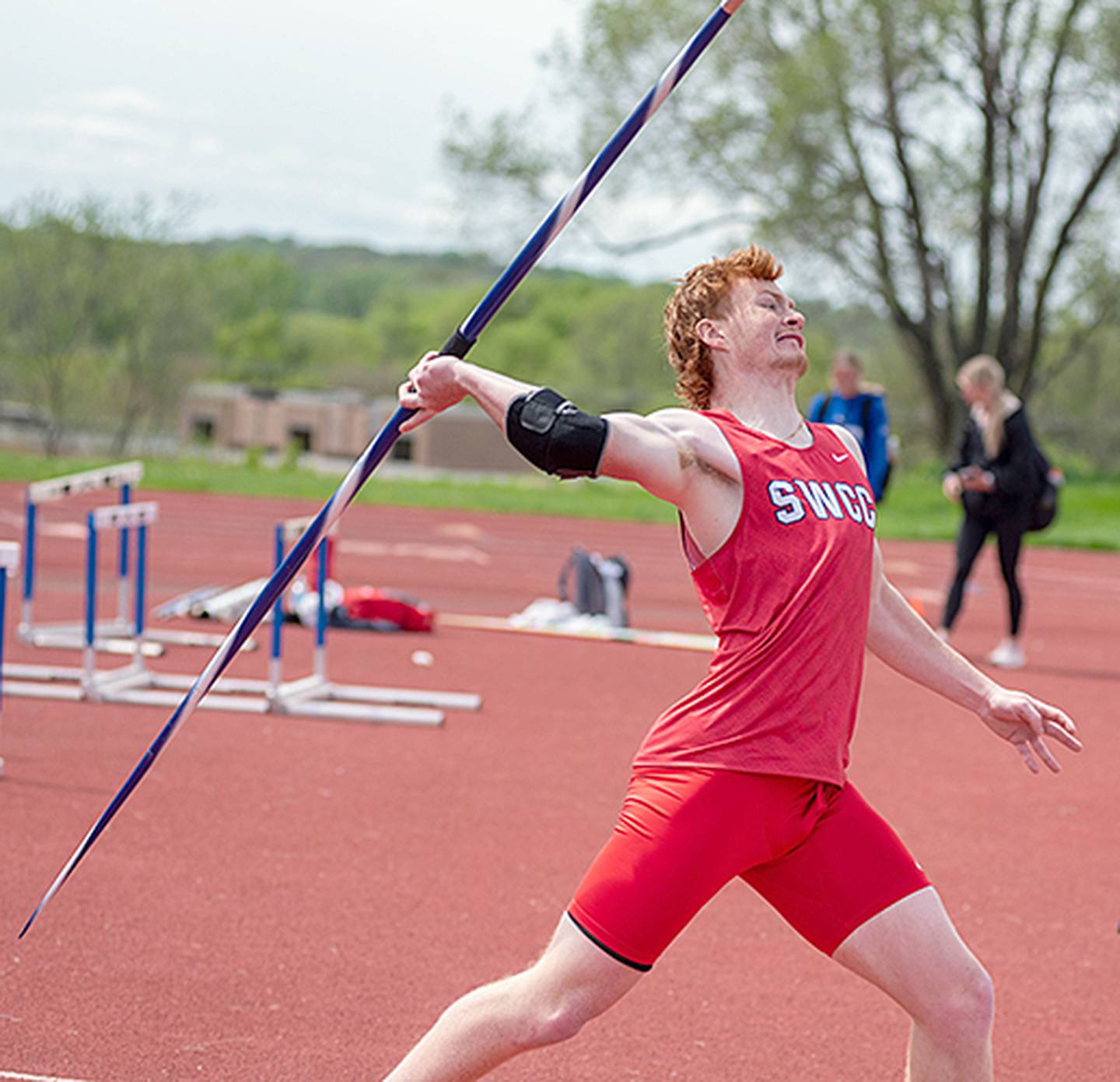 Southwestern freshman Jedd Weinkoetz throws the javelin at the regional meet in Council Bluffs. Weinkoetz placed fourth and qualified for the national meet with a thgrow of 45.91 meters.