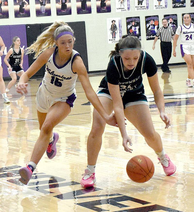 Nodaway Valley sophomore Izzy Eisbach (15) knocks the ball loose from the hands of Southwest Valley's Elizabeth Wetzel (31) in a regional semifinal girls basketball game Friday night in Greenfield. Five Nodaway Valley players scored in double figures in a 93-46 win. The Wolverines play Grundy Center at 7 p.m. Wednesday at Ballard of Huxley in the regional final.