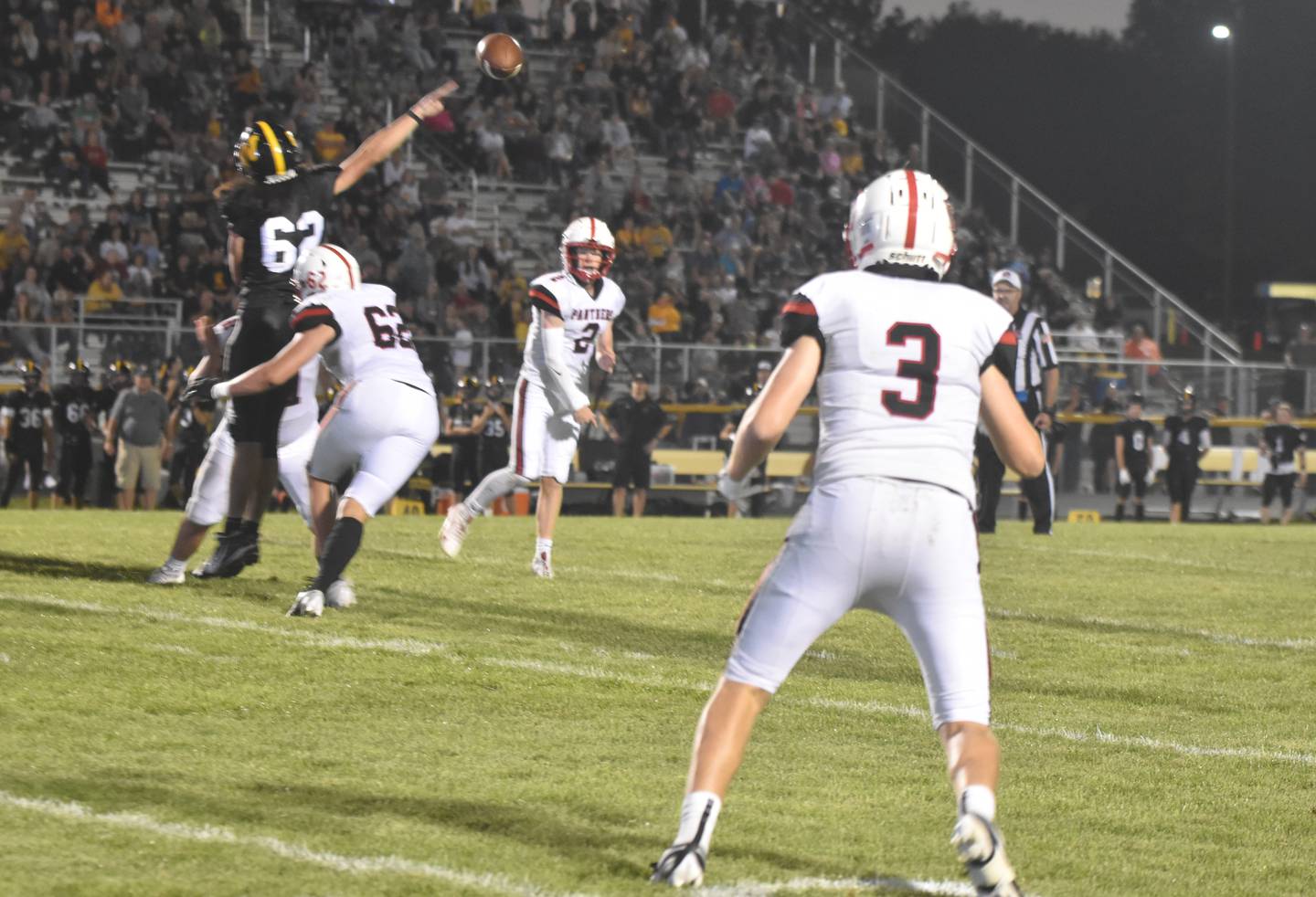 Quarterback Tanner Ray’s pass gets by Luca Wetzel with help from Creston’s Brayden Schoon (No. 62). This was one of Varner’s two receptions.