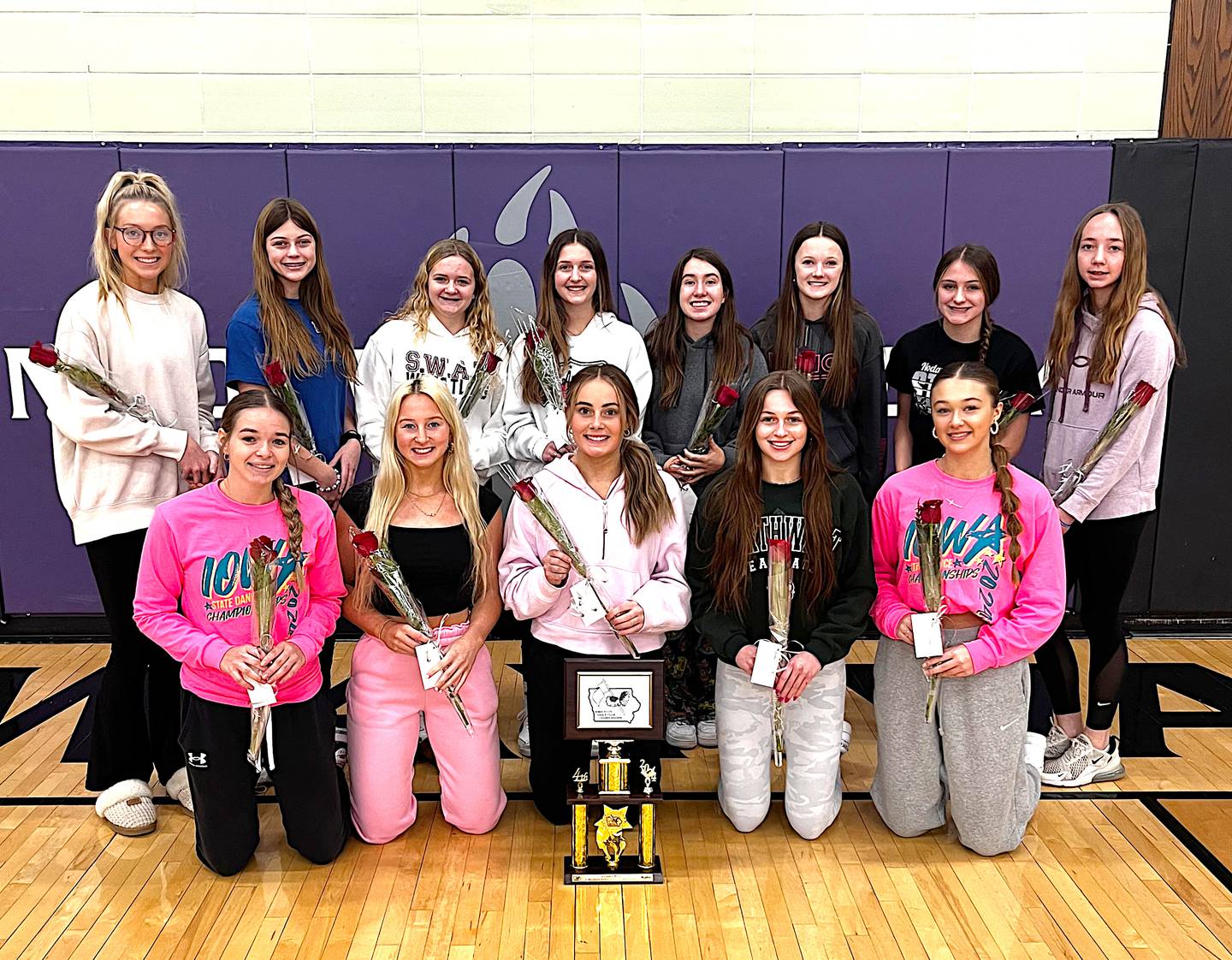 Members of the 2023-24 Nodaway Valley dance team, with their fourth place trophy from state are from left in front: Kiara Stevens, Annika Nelson, Lindsey Davis, Emma Lundy, Chloe Rardin; back: Izzy Eisbach, Bella Day, Addison Brewer, Kenna Ford, Mallory Russell (manager), Grace Klobnak, Allie Cornelison and Kylie Nelson. Not pictured: Carli Stuva and Adelaide Livingston.