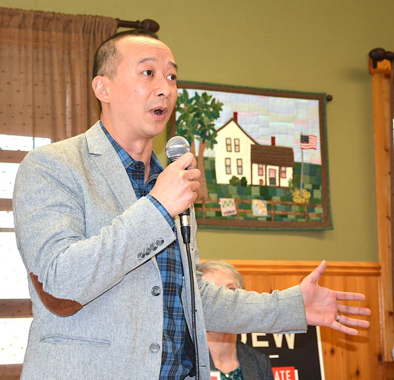 Lanon Baccam speaks at a forum for Democratic candidates hosted by Adair, Union and Madison County Democrats at The Wallace Farm recently.