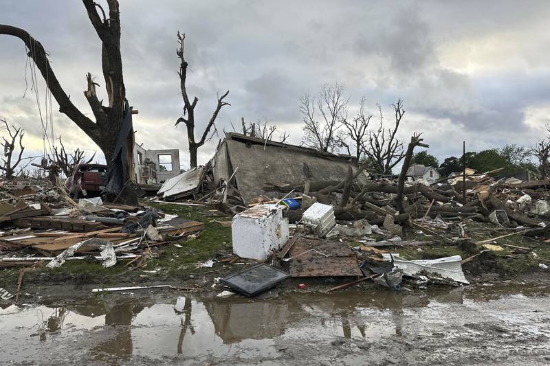 Damage is seen after a tornado moved through Greenfield, Iowa, Tuesday, May 21, 2024. (AP Photo/Hannah Fingerhut)