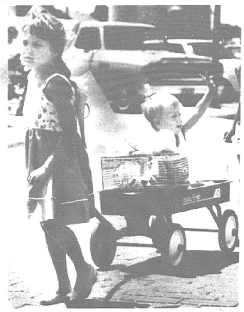 Dawn Woosley, 6, pulls Heath Piezer, 3, both of Creston, Saturday in the doll and pet parade during Crazee Days.