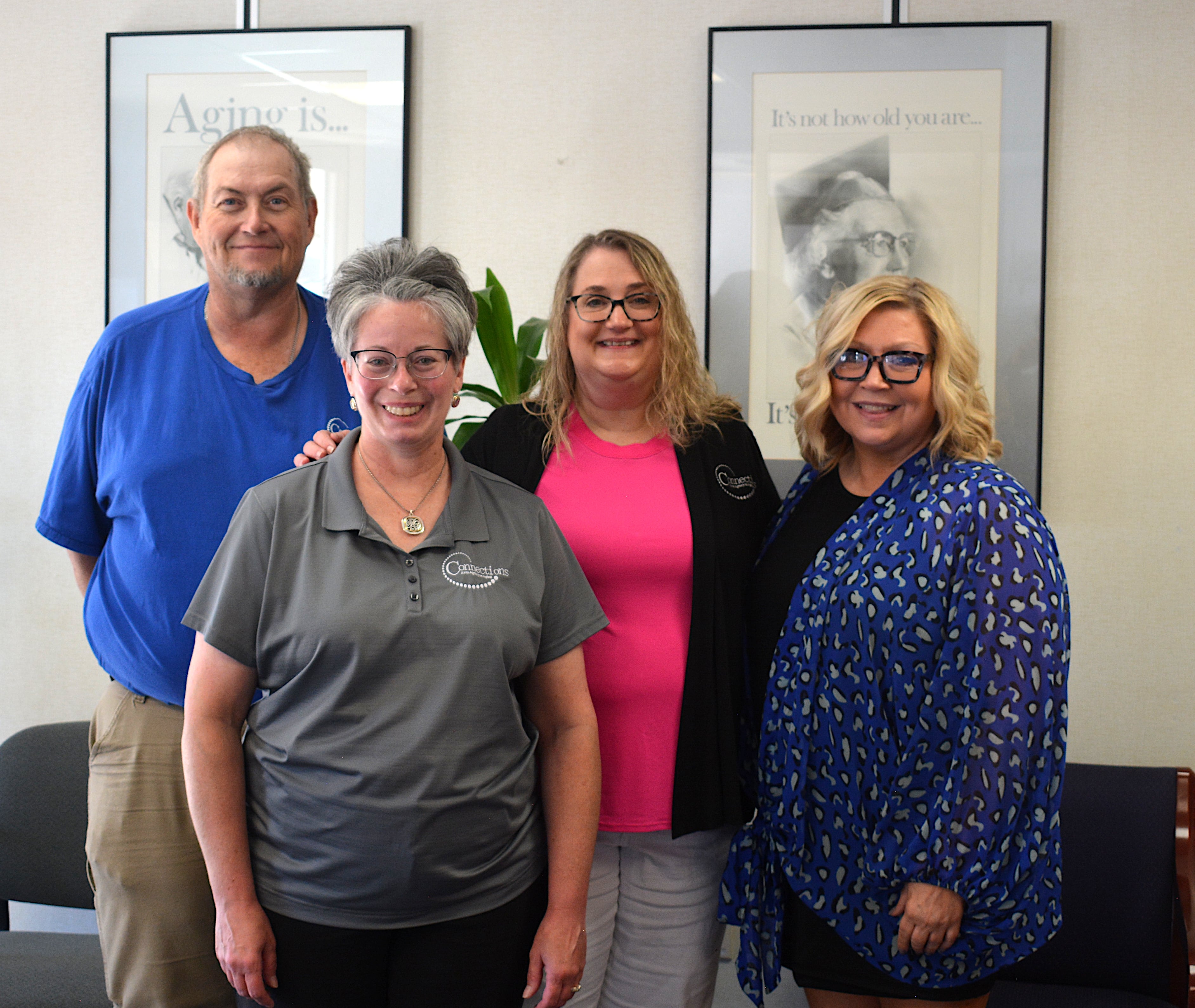 A few members of the Creston Connections AAA, who help provide services to older Iowans. From left to right, Healthy Living Program Assistant Richard Larson, Community Engagement Regional Coordinator/Evidence-Based Specialist Nikki Corderman, Director of Community Engagement Aubrey Krueger-Katchara, Director of Healthy Living Programs Sherri Carson.