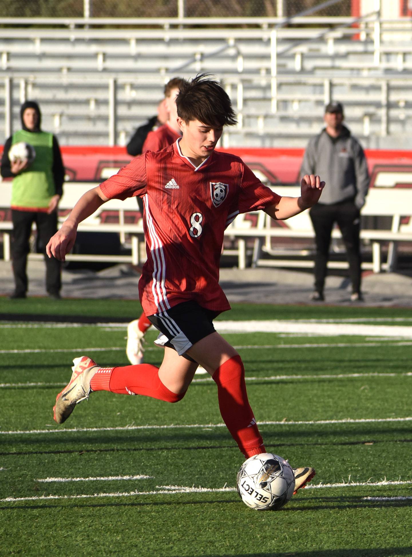 Creston freshman Joaquin Flores winds up to launch a shot at the net - his second of three goals on the night.