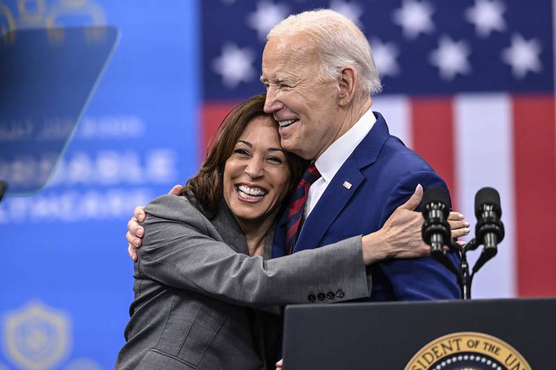 Vice President Kamala Harris embraces President Joe Biden after a speech on healthcare in Raleigh, N.C., March. 26. President Joe Biden dropped out of the 2024 race for the White House on Sunday, July 21, ending his bid for reelection following a disastrous debate with Donald Trump that raised doubts about his fitness for office just four months before the election.