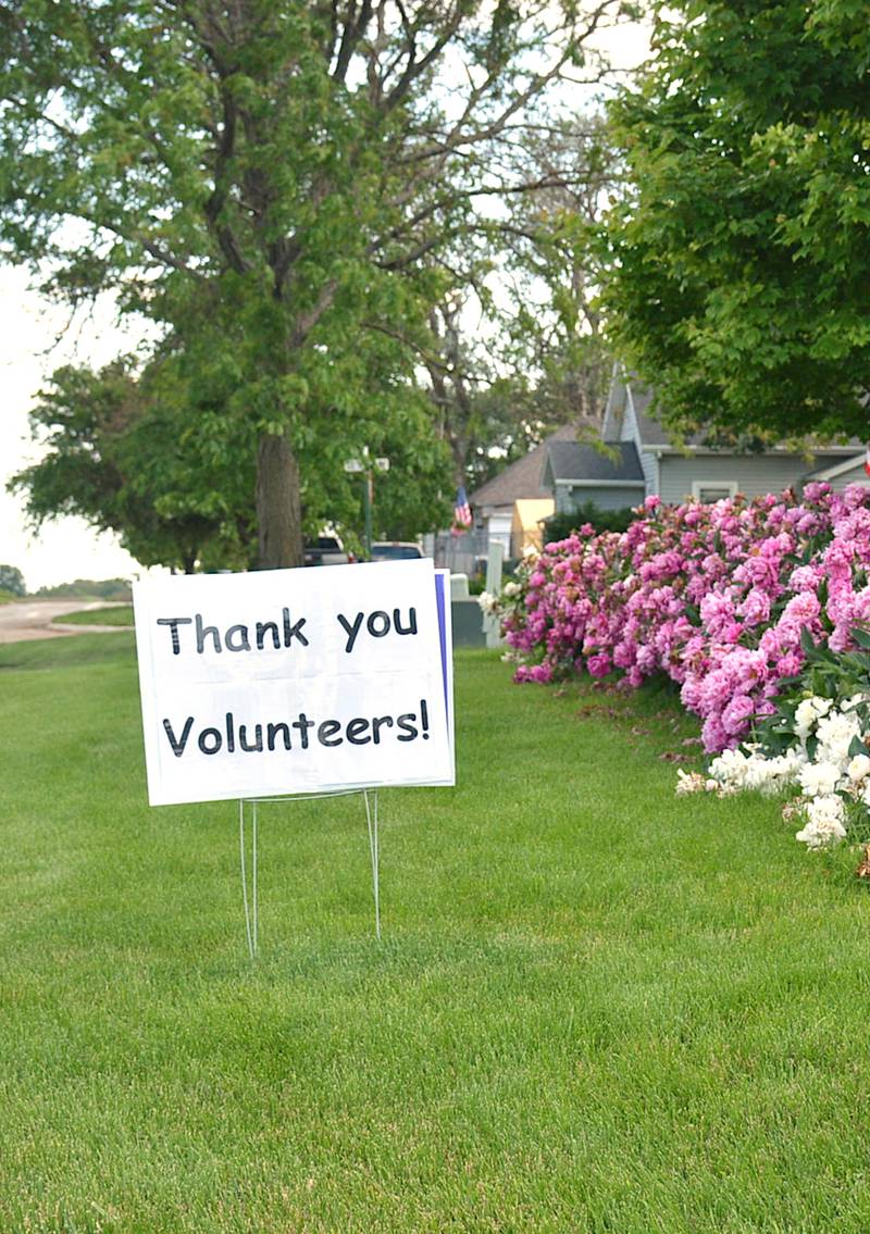 A sign outside Jim and Bobbi Williams' home in Greenfield thanks volunteers for their countless hours of work following the tornado.