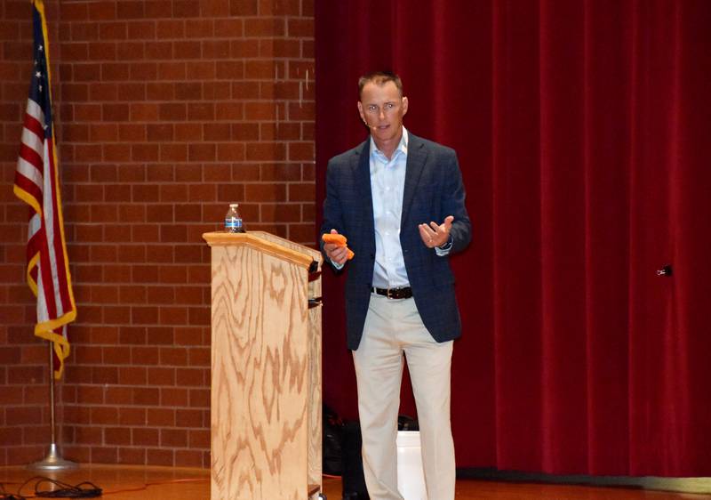 Chad Sheehan gives a safety presentation to teachers and staff at the Creston High School Aug. 20.